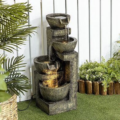 Outsunny Outdoor Fountain with 4-Tier Stacked Stone Look Bowls, Cascading Waterfall, Gray
