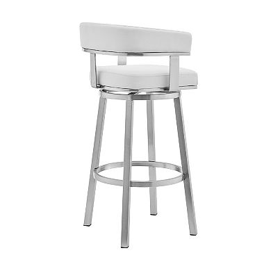 Swivel Barstool with Curved Open Back and Metal Legs, White and Silver