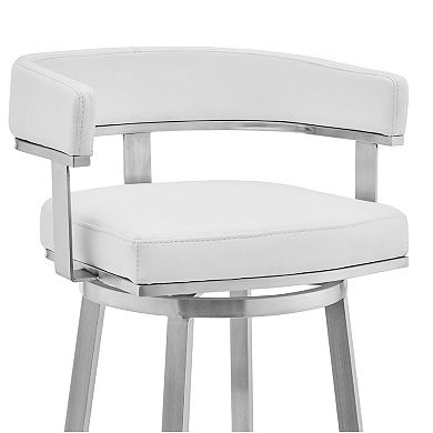 Swivel Barstool with Curved Open Back and Metal Legs, White and Silver