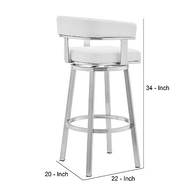 Swivel Barstool with Curved Open Back and Metal Legs, White and Silver