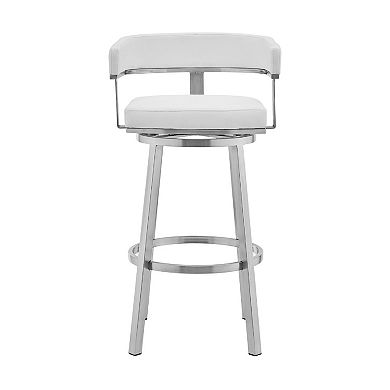 Swivel Barstool with Curved Open Back and Metal Legs, White and Silver