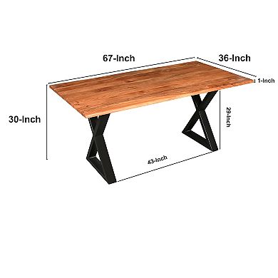 67 Inch Rectangular Dining Table with Crossed Black Metal Legs and Natural Brown Faux Live Edge Acacia Wood Top