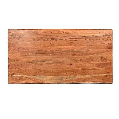 67 Inch Rectangular Dining Table with Crossed Black Metal Legs and Natural Brown Faux Live Edge Acacia Wood Top