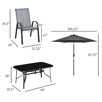 Outsunny 8 Piece Patio Dining Set with 8Ft Patio Table Umbrella with Push Button Tilt and Crank, 6 Chairs and Rectangle Dining Table, Outdoor Patio Furniture Set, Grey