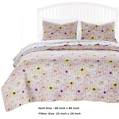 Milan 3 Piece Microfiber Blooming Flower Pattern Queen Quilt Set, White and Pink