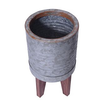 Farmhouse Plant Stand with Ribbed Design and Wooden Legs, Antique Silver and Brown