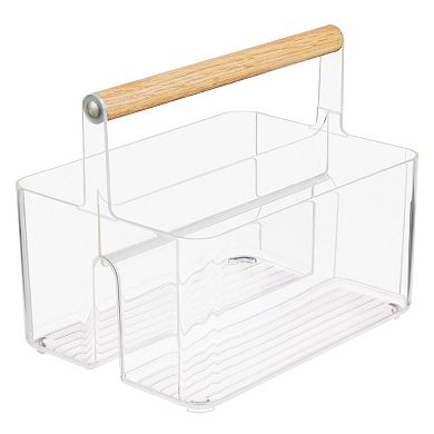 mDesign Divided Makeup Organizer Caddy with Natural Oak Handle