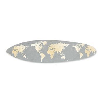 Wooden Surfboard Wall Art with World Map Print, Gray and White