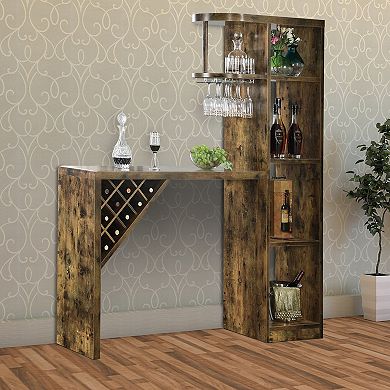 Wooden Bar Unit With Open Compartments and Diagonal Wine Section, Brown