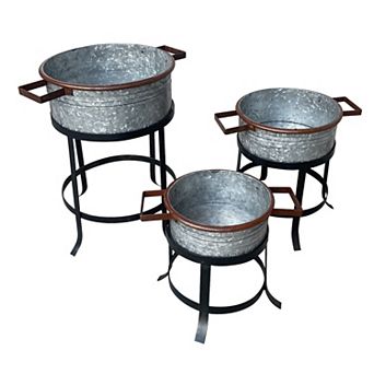 21, 18, and 16 Inch 3 pc Round Tub Metal Planter Set with Stand in Galvanized Gray and Black Iron