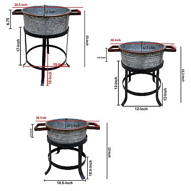 21, 18, and 16 Inch 3 Piece Round Tub Metal Planter Set with Stand in Galvanized Gray and Black Iron