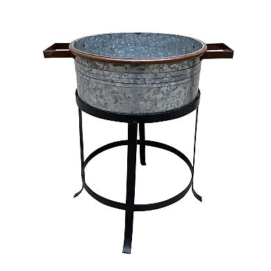 21, 18, and 16 Inch 3 Piece Round Tub Metal Planter Set with Stand in Galvanized Gray and Black Iron