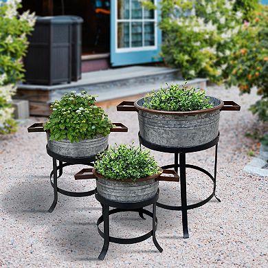 21, 18, and 16 Inch 3 Piece Round Tub Metal Planter Set with Stand in Galvanized Gray and Black Iron