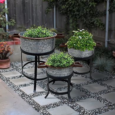 21, 18, and 16 Inch 3 Piece Round Tub Metal Planter Set with Stand in Galvanized Gray and Black Iron