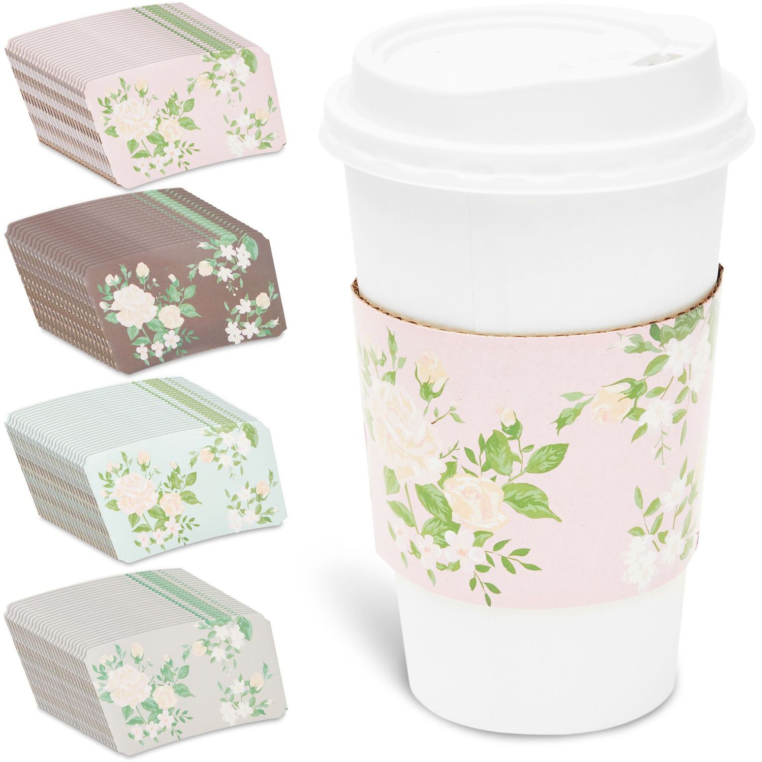 Paper Insulated Coffee Cups with Lids and Sleeves (16 oz, Blush