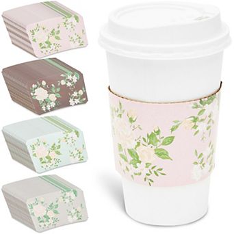 100 Pack Floral Paper Coffee Cup Sleeves In 4 Colors (2.5 In)