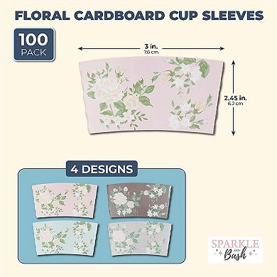 100 Pack Floral Paper Coffee Cup Sleeves In 4 Colors (2.5 In)