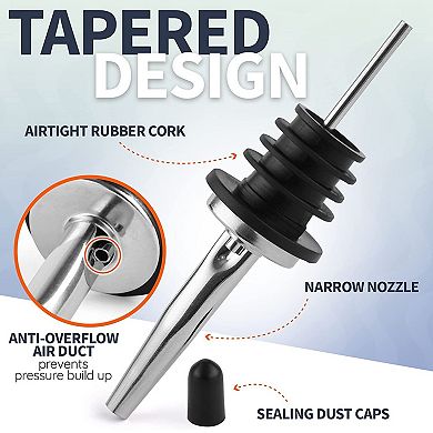 Zulay Kitchen Stainless Steel Liquor Pourers with Rubber Dust Caps - 4 Pack