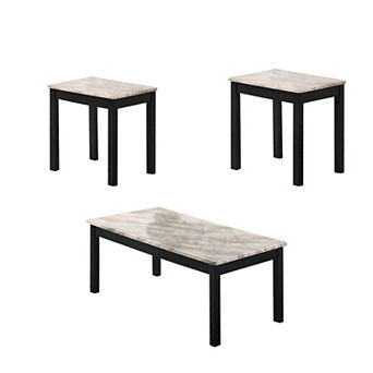 3 pc Coffee Table and End Table with Faux Marble Top, Black and White
