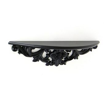 Hand Carved Wooden Moonbay Wall Shelf in Floral Design, Black
