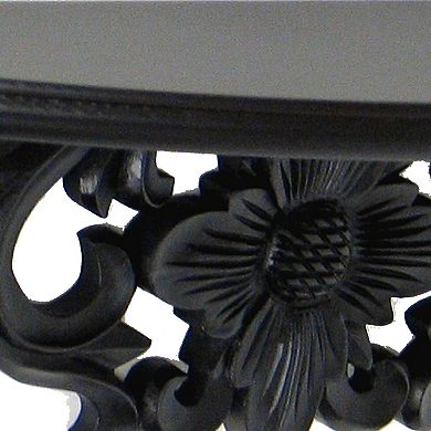 Hand Carved Wooden Moonbay Wall Shelf in Floral Design, Black