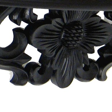 Hand Carved Wooden Moonbay Wall Shelf in Floral Design, Black