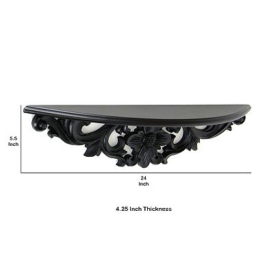 Hand Carved Wooden Moonbay Wall Shelf in Floral Design, Black
