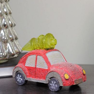 6" Red And Green LED Embellished With Glitter Retro Car With Tree On Top Decoration