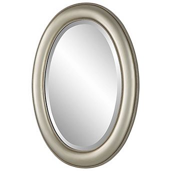 29 Inch Wood Wall Mirror, Beaded Oval Shape, Metallic Silver