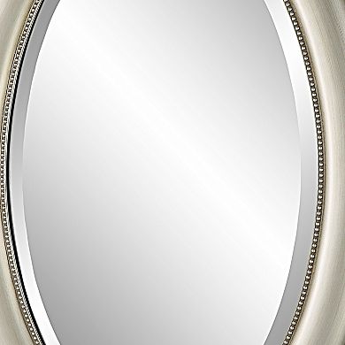 29 Inch Wood Wall Mirror, Beaded Oval Shape, Metallic Silver