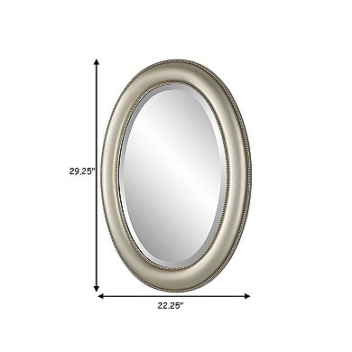29 Inch Wood Wall Mirror, Beaded Oval Shape, Metallic Silver