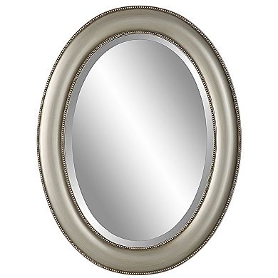 29 Inch Wood Wall Mirror, Beaded Oval Shape, Metallic Silver