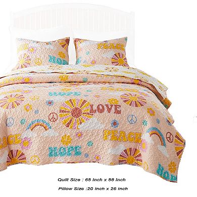 Berlin 2 Piece Microfiber Rainbows and Clouds Print Twin Quilt Set, Beige