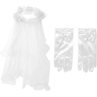 Girl's Flower Veil and Gloves for First Communion (White, 2 Pieces)