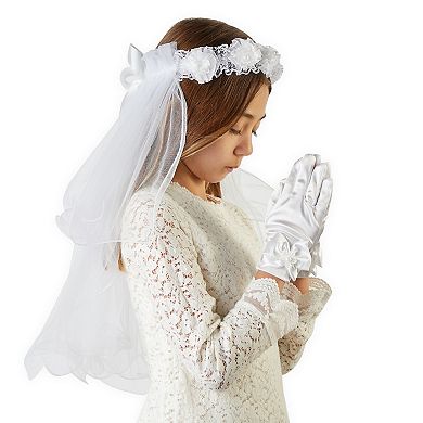 Girl's Flower Veil and Gloves for First Communion (White, 2 Pieces)