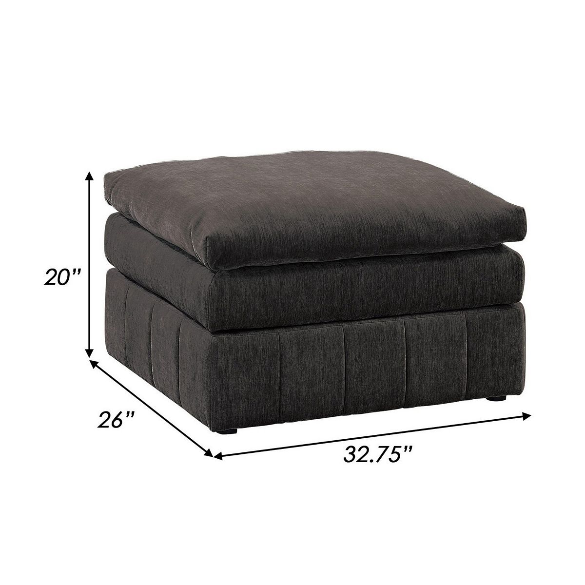 Dimensions of Luna 33-inch modular ottoman in dark gray: 32.75 in wide, 26 in deep, 20 in high.