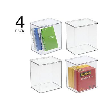 mDesign Plastic Desk Organizer Bin Box, Hinge Lid for Home Office, 4 Pack, Clear