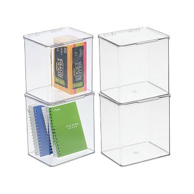 mDesign Plastic Desk Organizer Bin Box, Hinge Lid for Home Office, 4 Pack, Clear