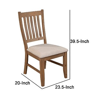 Tess 24 Inch Set of 2 Dining Side Chair, Slatted Back, Beige Cushion, Brown