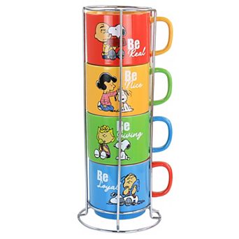 Gibson Everyday Peanuts Classic Gentle Reminders Collection 4 pc Stoneware Stackable Mug Set with Metal Stand in Assorted Colors