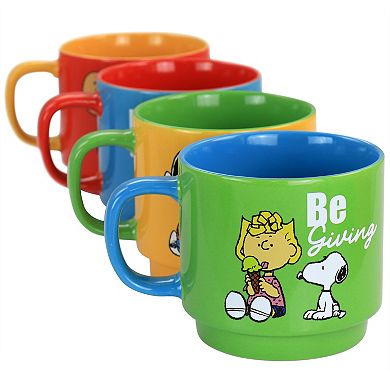 Gibson Everyday Peanuts Classic Gentle Reminders Collection 4 Piece Stoneware Stackable Mug Set with Metal Stand in Assorted Colors