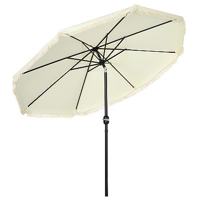 cream patio umbrella 48.5lb Round Outdoor Cantilever Base blocking sunlight from sunrise to sunset without moving the umbrella TIBROMTACK 9.7 ft Cantilever Patio