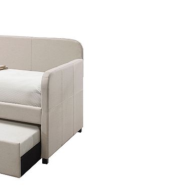 Fabric Upholstered Wooden Day Bed with Trundle and Panel Back, Beige