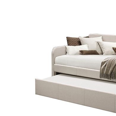 Fabric Upholstered Wooden Day Bed with Trundle and Panel Back, Beige