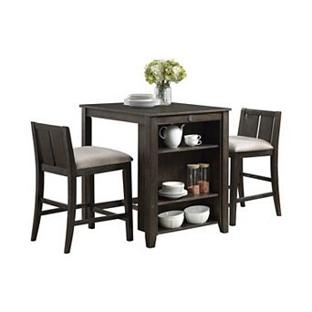 Wooden 3 pc Counter Set with USB Plugin and Panel Back Chair, Brown