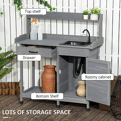 Outsunny Potting Bench Prep Table with Faucet, Sink, and Storage Cabinet
