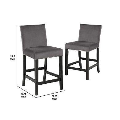 Kate 40 Inch Wooden Counter Height Chair with Velvet Seat, Set of 2, Gray