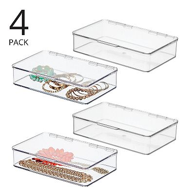 mDesign Plastic Bedroom Closet Storage Organizer Box, Hinge Lid, 4 Pack, Clear