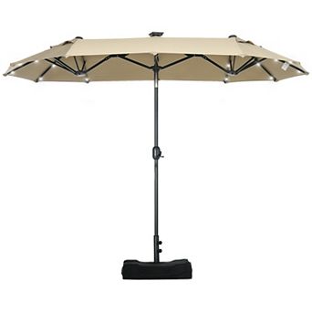 Outsunny Double-Sided Patio Umbrella with Solar Lights, Base, Tilt, Coffee
