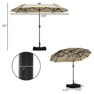 Outsunny Double-Sided Patio Umbrella with Solar Lights, Base, Tilt, Coffee